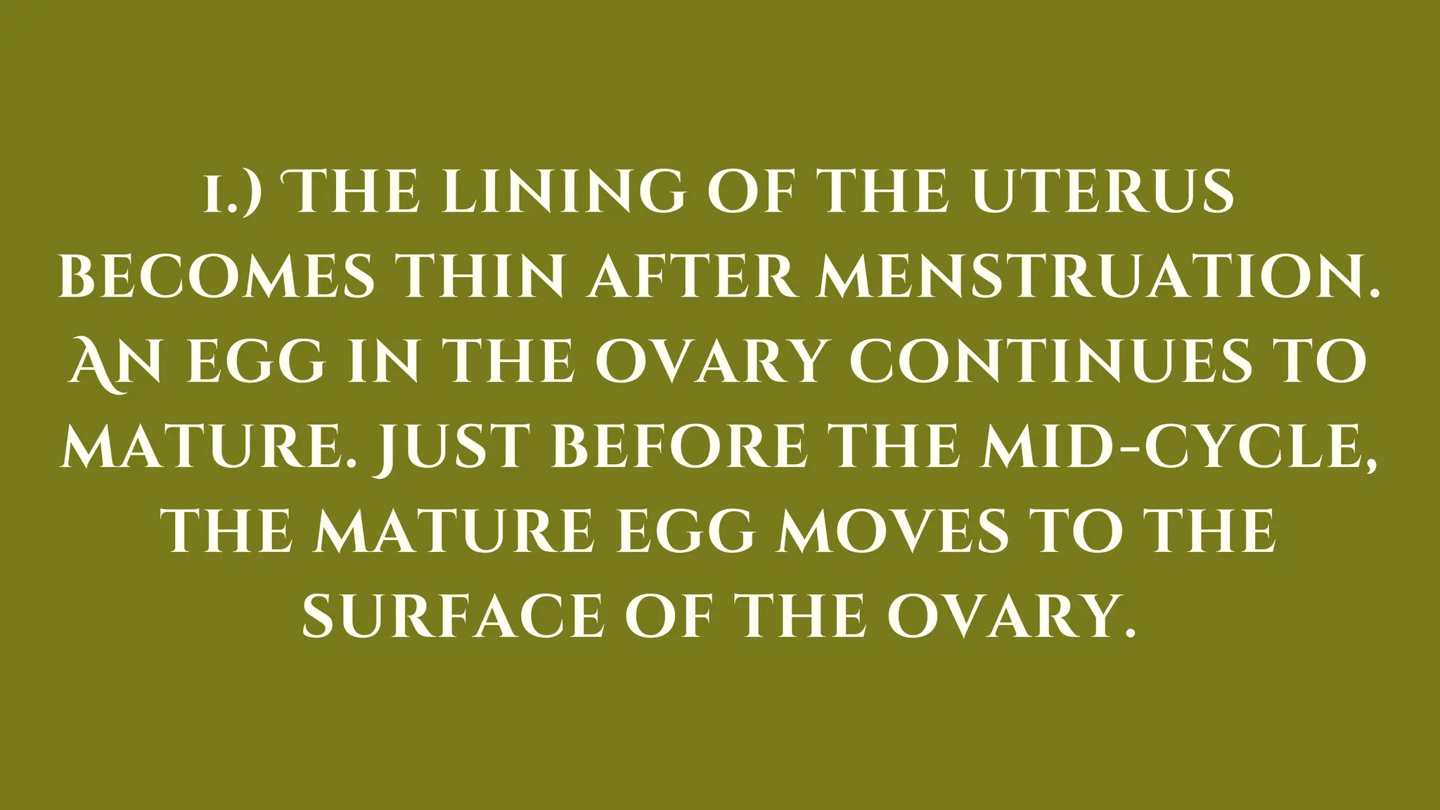 1.) The lining of the uterus
becomes thin after menstruation.
An egg in the ovary continues to
mature. Just before the mid-cycle,
the mature egg moves to the
surface of the ovary.
 