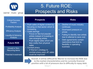 5. Future ROE:
Prospects and Risks
Critical Success
Factors
Profitability Analysis
Efficiency Analysis
Liquidity & Solvency
Analysis
Future ROE: Risks
Future ROE
and Prospects
Unusal or NonRecurring Items
Potential Investment

Prospects
• Push sales of digital content by
focusing on that sector which is
increasing
• Costs savings
Focus on few but popular
artists instead of investing in
new emerging artists
Push digital sales which are
less costly than physical
sales
• Combat piracy
If Warner‘s strategy to
combat piracy pays off, sales
could be improved

Risks





Decline of music industry
continues
Downward pressure on
prices
Failing to identify new artists
due to attempt to save cost
Debt agreements contain
restrictions that limit its
flexibility in operating
business

Overall, it will be difficult for Warner to increase the ROE due
to the market characteristics and its currently financial
position with a lot of pressure due to difficulty to repay debt.
Group 4

13

 