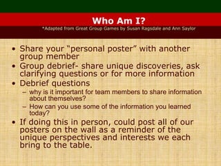 Who Am I?
*Adapted from Great Group Games by Susan Ragsdale and Ann Saylor
• Share your “personal poster” with another
group member
• Group debrief- share unique discoveries, ask
clarifying questions or for more information
• Debrief questions
– why is it important for team members to share information
about themselves?
– How can you use some of the information you learned
today?
• If doing this in person, could post all of our
posters on the wall as a reminder of the
unique perspectives and interests we each
bring to the table.
 