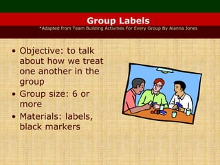 Group Labels
*Adapted from Team Building Activities For Every Group By Alanna Jones
• Objective: to talk
about how we treat
one another in the
group
• Group size: 6 or
more
• Materials: labels,
black markers
 