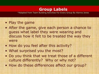 Group Labels
*Adapted from Team Building Activities For Every Group By Alanna Jones
• Play the game
• After the game, give each person a chance to
guess what label they were wearing and
discuss how it felt to be treated the way they
were
• How do you feel after this activity?
• What surprised you the most?
• Do you think that we treat those of a different
culture differently? Why or why not?
• How do these differences affect our group?
 