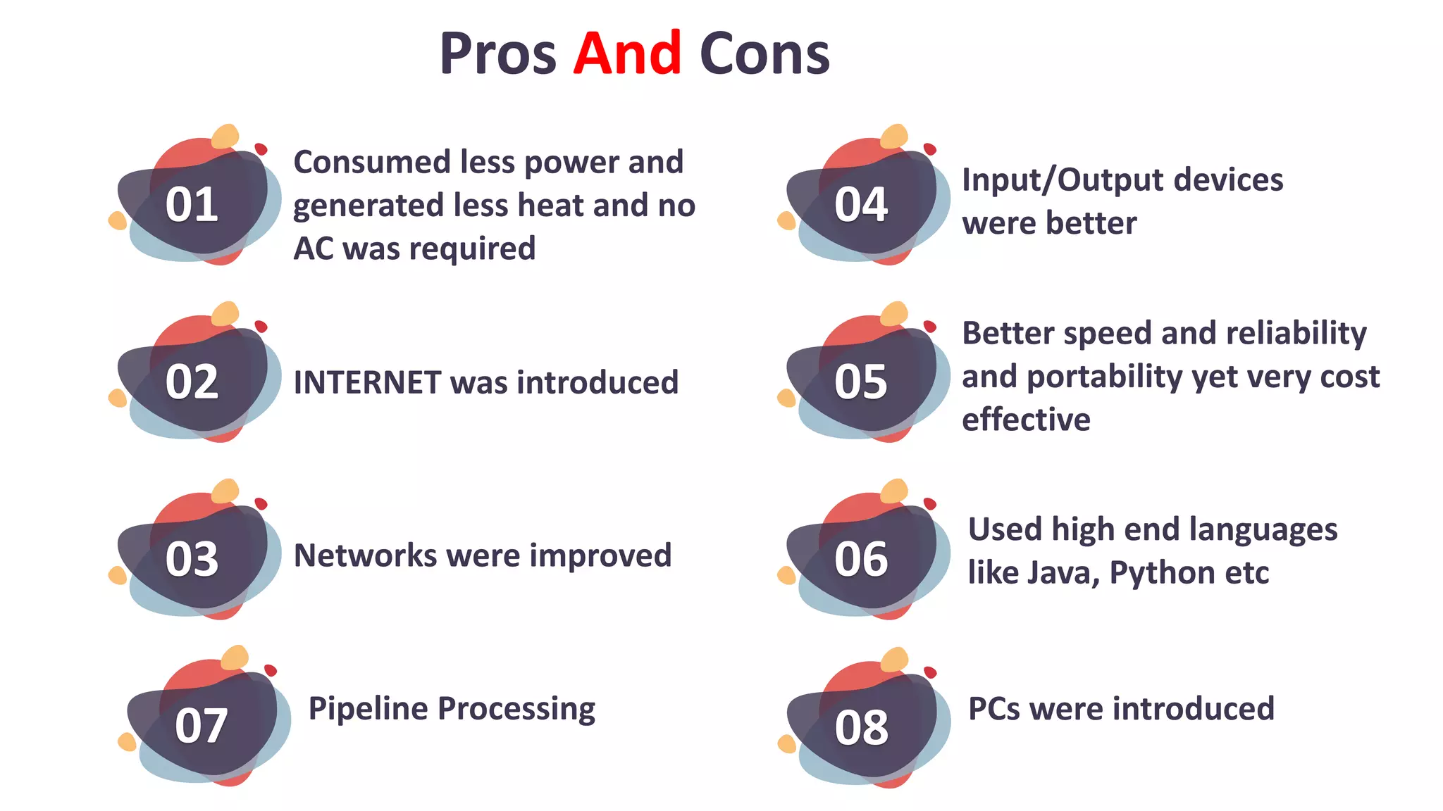 02
03
01
Pros And Cons
Consumed less power and
generated less heat and no
AC was required
INTERNET was introduced
Networks were improved
Input/Output devices
were better
Better speed and reliability
and portability yet very cost
effective
Used high end languages
like Java, Python etc
05
06
04
Pipeline Processing
07 PCs were introduced
08
 