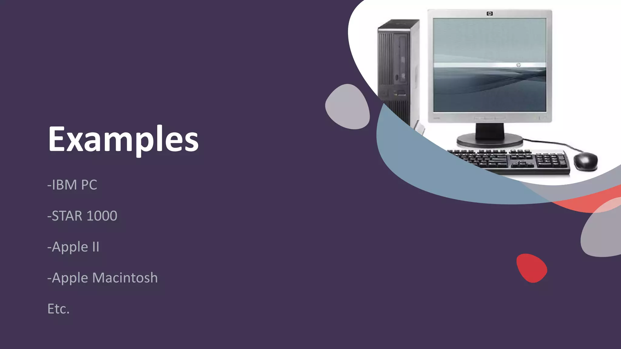 Examples
-IBM PC
-STAR 1000
-Apple II
-Apple Macintosh
Etc.
 