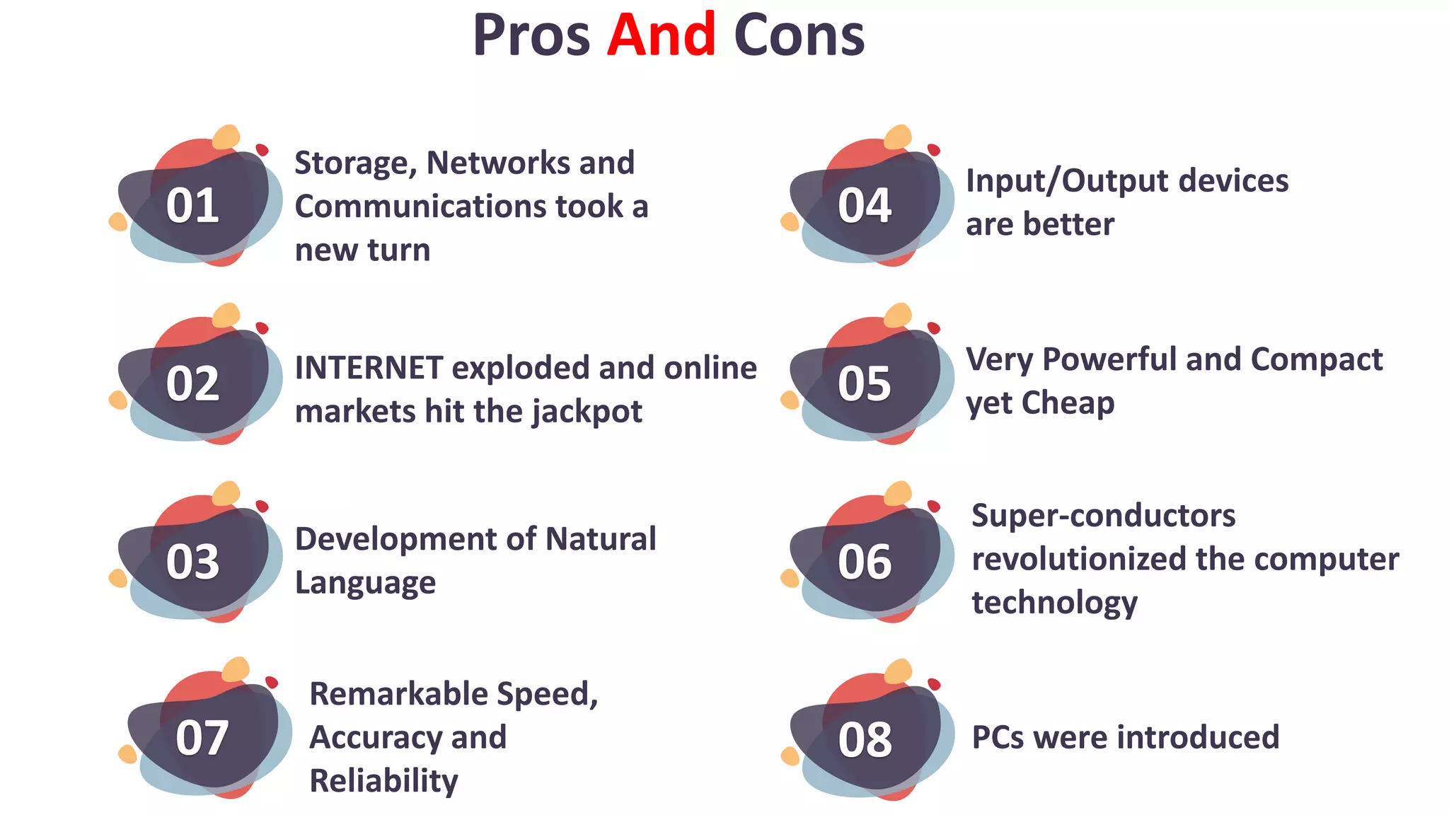 02
03
01
Pros And Cons
Storage, Networks and
Communications took a
new turn
INTERNET exploded and online
markets hit the jackpot
Development of Natural
Language
Input/Output devices
are better
Very Powerful and Compact
yet Cheap
Super-conductors
revolutionized the computer
technology
05
06
04
Remarkable Speed,
Accuracy and
Reliability
07 PCs were introduced
08
 