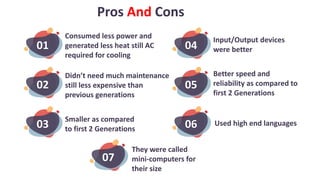 02
03
01
Pros And Cons
Consumed less power and
generated less heat still AC
required for cooling
Didn’t need much maintenance
still less expensive than
previous generations
Smaller as compared
to first 2 Generations
Input/Output devices
were better
Better speed and
reliability as compared to
first 2 Generations
Used high end languages
05
06
04
They were called
mini-computers for
their size
07
 