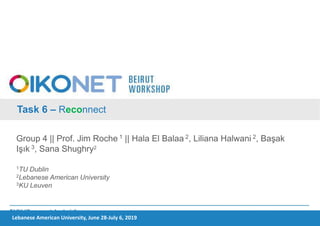 Task 6 – Reconnect
Group 4 || Prof. Jim Roche 1 || Hala El Balaa 2, Liliana Halwani 2, Başak
Işık 3, Sana Shughry2
1TU Dublin
2Lebanese American University
3KU Leuven
Lebanese American University, June 28-July 6, 2019​
 