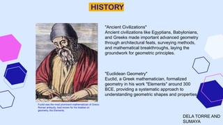 HISTORY
DELA TORRE AND
SUMAYA
Fuclid was the most prominent mathematician of Greco-
Roman antiquity, best known for his treatise on
geometry, the Elements.
"Ancient Civilizations"
Ancient civilizations like Egyptians, Babylonians,
and Greeks made important advanced geometry
through architectural feats, surveying methods,
and mathematical breakthroughs, laying the
groundwork for geometric principles.
"Euclidean Geometry"
Euclid, a Greek mathematician, formalized
geometry in his work "Elements" around 300
BCE, providing a systematic approach to
understanding geometric shapes and properties.
 