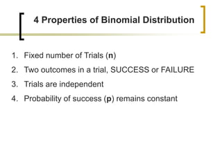 4 Properties of Binomial Distribution
1. Fixed number of Trials (n)
2. Two outcomes in a trial, SUCCESS or FAILURE
3. Trials are independent
4. Probability of success (p) remains constant
 