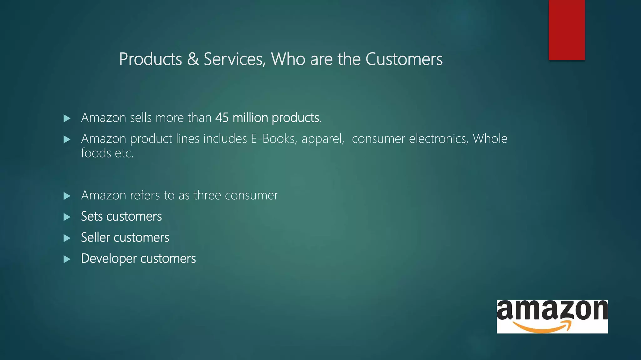Products & Services, Who are the Customers
 Amazon sells more than 45 million products.
 Amazon product lines includes E-Books, apparel, consumer electronics, Whole
foods etc.
 Amazon refers to as three consumer
 Sets customers
 Seller customers
 Developer customers
 