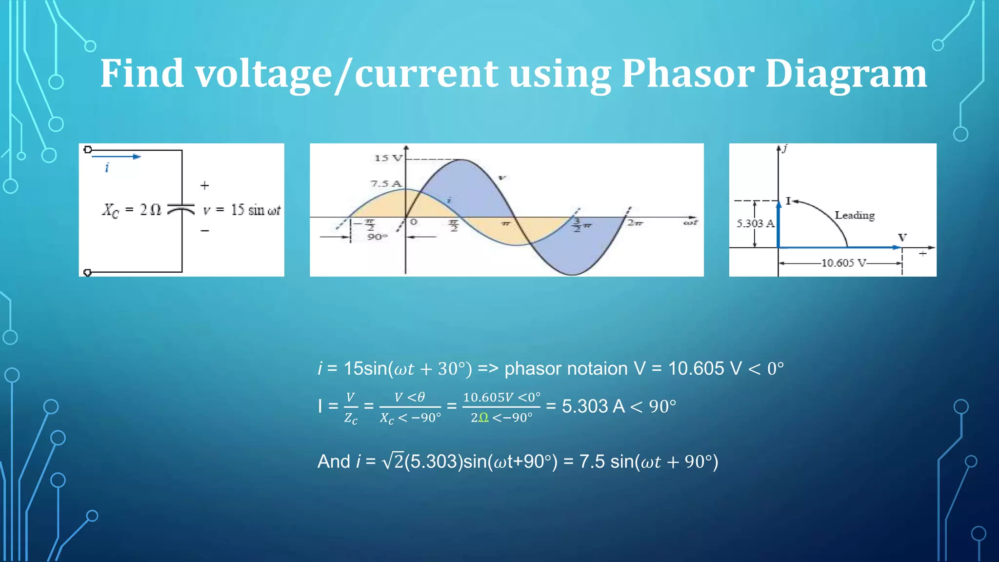 Find voltage/current using Phasor Diagram
i = 15sin(𝜔𝑡 + 30°) => phasor notaion V = 10.605 V < 0°
I =
𝑉
𝑍 𝑐
=
𝑉 <𝜃
𝑋 𝑐 < −90°
=
10.605𝑉 <0°
2Ω <−90°
= 5.303 A < 90°
And i = 2(5.303)sin(𝜔t+90°) = 7.5 sin(𝜔𝑡 + 90°)
 