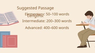 Suggested Passage
Lengths:
Elementary: 50–100 words
Intermediate: 200–300 words
Advanced: 400–600 words
 
