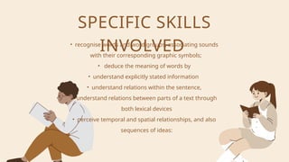 SPECIFIC SKILLS
INVOLVED
• recognise words and word groups, associating sounds
with their corresponding graphic symbols;
• deduce the meaning of words by
• understand explicitly stated information
• understand relations within the sentence,
• understand relations between parts of a text through
both lexical devices
• perceive temporal and spatial relationships, and also
sequences of ideas:
 