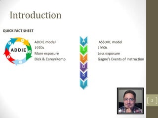 Introduction
QUICK FACT SHEET

                   ADDIE model          ASSURE model
                   1970s               1990s
                   More exposure       Less exposure
                   Dick & Carey/Kemp   Gagne’s Events of Instruction




                                                                       2
 