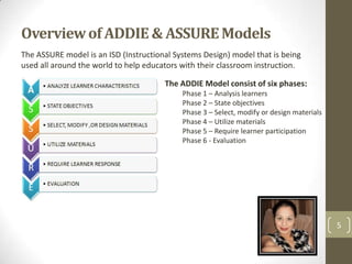 Overview of ADDIE & ASSURE Models
The ASSURE model is an ISD (Instructional Systems Design) model that is being
used all around the world to help educators with their classroom instruction.

                                       The ADDIE Model consist of six phases:
                                            Phase 1 – Analysis learners
                                            Phase 2 – State objectives
                                            Phase 3 – Select, modify or design materials
                                            Phase 4 – Utilize materials
                                            Phase 5 – Require learner participation
                                            Phase 6 - Evaluation




                                                                                           5
 