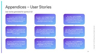 Copyright
©
by
2021
Roque
Group.
All
rights
reserved.
14
Appendices – User Stories
User stories generated for sprints in Q1
As a user, I want a fun and
immersive experience so that I can
remain engaged and committed to
leading a sustainable lifestyle.
As a user, I want a hassle-free way
to log my daily activities so that I
can spend my time on more
meaningful content in the app.
As a user, I want to see the impact
of my actions against others in the
same location so that I can feel a
sense of achievement.
As a user, I want a simple way to
scan my grocery list so that I can
review my carbon footprint before
my next purchase.
As a user, I want a simple way to
access if my purchases are
sustainable so that I can make
better buying decisions.
As a user, I want to interact with
like-minded people interested in
the same topics as me so that I am
motivated to do more.
As a user, I want a curated,
trustworthy list of content on
sustainable living so that I can
understand how I can contribute
more towards this cause.
As a user, I want to understand the
what impact can habits have on a
large scale so I can be an advocate
for this cause.
As a user, I want to options in
contributing to offset my carbon
footprint so that I can do more
when I have the means.
 