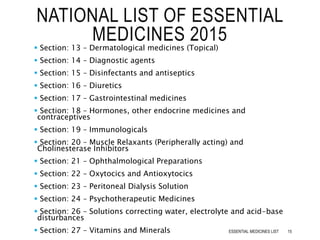  Section: 13 – Dermatological medicines (Topical)
 Section: 14 – Diagnostic agents
 Section: 15 – Disinfectants and antiseptics
 Section: 16 – Diuretics
 Section: 17 – Gastrointestinal medicines
 Section: 18 – Hormones, other endocrine medicines and
contraceptives
 Section: 19 – Immunologicals
 Section: 20 – Muscle Relaxants (Peripherally acting) and
Cholinesterase Inhibitors
 Section: 21 – Ophthalmological Preparations
 Section: 22 – Oxytocics and Antioxytocics
 Section: 23 – Peritoneal Dialysis Solution
 Section: 24 – Psychotherapeutic Medicines
 Section: 26 – Solutions correcting water, electrolyte and acid-base
disturbances
 Section: 27 – Vitamins and Minerals
NATIONAL LIST OF ESSENTIAL
MEDICINES 2015
15ESSENTIAL MEDICINES LIST
 