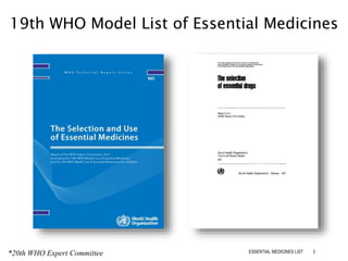 19th WHO Model List of Essential Medicines
*20th WHO Expert Committee 3ESSENTIAL MEDICINES LIST
 