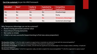 Valuable? Rare? Costly to
imitate?
Exploited by
organizations?
Competitive
implications
No No No No Disadvantage
Yes No No No Parity
Yes Yes No No Temporary Advantage
Yes Yes Yes Yes Sustained advantage
The Question of Value: "Is the firm able to exploit an opportunity or neutralize an external threat with the resource/capability?"
The Question of Rarity: "Is control of the resource/capability in the hands of a relative few?"
The Question of Imitability: "Is it difficult to imitate, and will there be significant cost disadvantage to a firm trying to obtain, develop, or duplicate
the resource/capability?"
The Question of Organization: "Is the firm organized, ready, and able to exploit the resource/capability?" "Is the firm organized to capture value?
Why Temporary Advantage can not be sustained?
• Brand is losing perceived customer value
• Faces threat of losing exclusivity
• Not costly to imitate
• V-Rod is not very successful (experimenting to find new value proposition)
Can it be sustained: As per the VRIO framework
 
