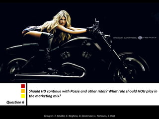 Should HD continue with Posse and other rides? What role should HOG play in the marketing mix?Question 6Group 4 - E. Mulder, C. Neghina, D. Oosterveer, L. Partouns, S. Voet