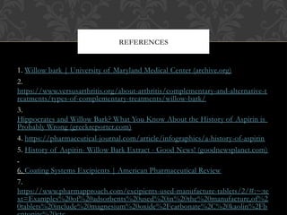 1. Willow bark | University of Maryland Medical Center (archive.org)
2.
https://www.versusarthritis.org/about-arthritis/complementary-and-alternative-t
reatments/types-of-complementary-treatments/willow-bark/
3.
Hippocrates and Willow Bark? What You Know About the History of Aspirin is
Probably Wrong (greekreporter.com)
4. https://pharmaceutical-journal.com/article/infographics/a-history-of-aspirin
5. History of Aspirin- Willow Bark Extract - Good News! (goodnewsplanet.com)
6. Coating Systems Excipients | American Pharmaceutical Review
7.
https://www.pharmapproach.com/excipients-used-manufacture-tablets/2/#:~:te
xt=Examples%20of%20adsorbents%20used%20in%20the%20manufacture,of%2
0tablets%20include%20magnesium%20oxide%2Fcarbonate%2C%20kaolin%2Fb
REFERENCES
 