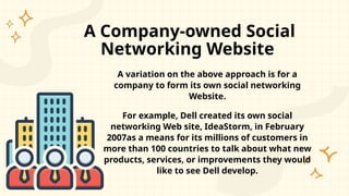 A Company-owned Social
Networking Website
A variation on the above approach is for a
company to form its own social networking
Website.
For example, Dell created its own social
networking Web site, IdeaStorm, in February
2007as a means for its millions of customers in
more than 100 countries to talk about what new
products, services, or improvements they would
like to see Dell develop.
 