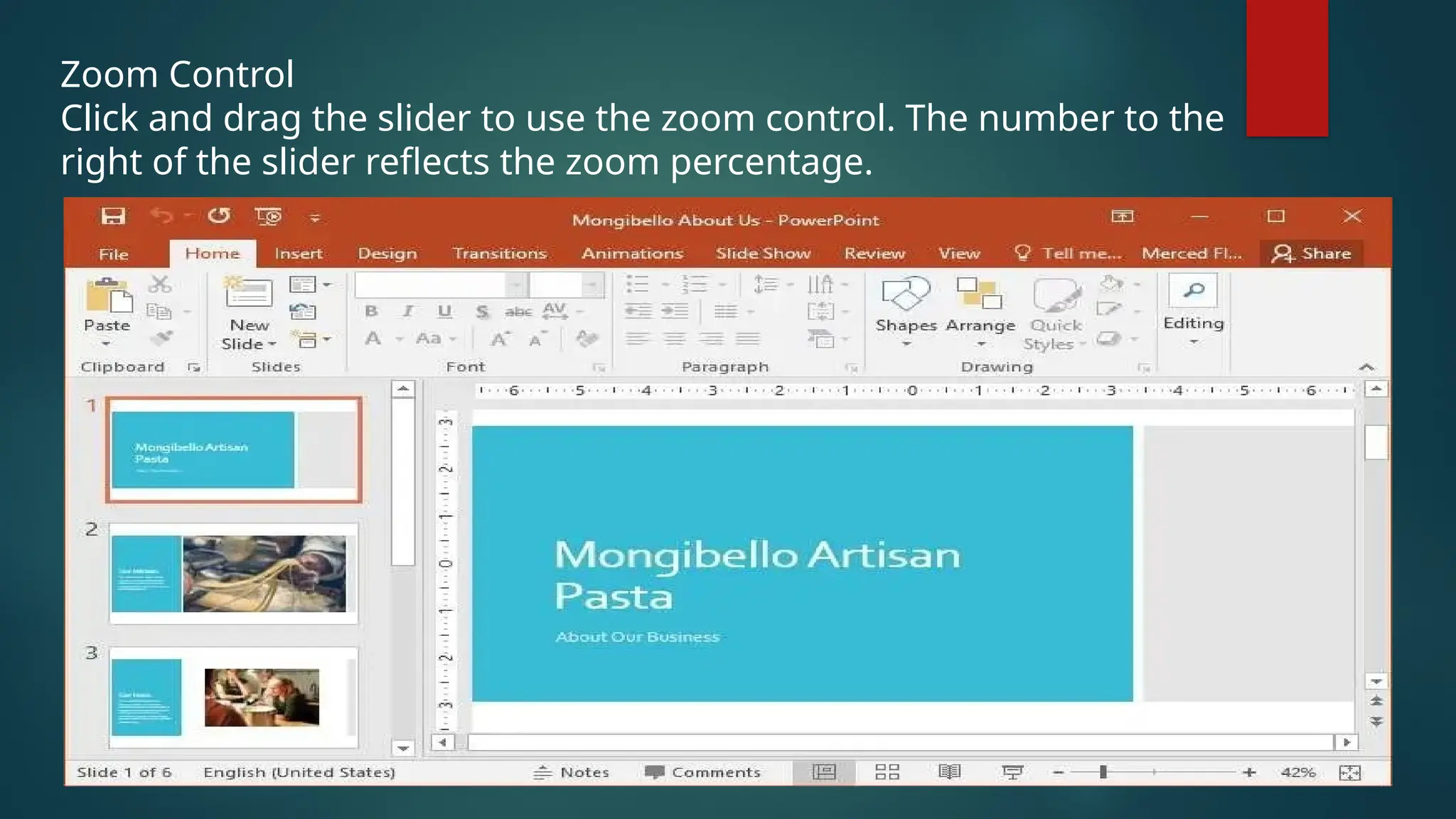 Zoom Control
Click and drag the slider to use the zoom control. The number to the
right of the slider reflects the zoom percentage.
 