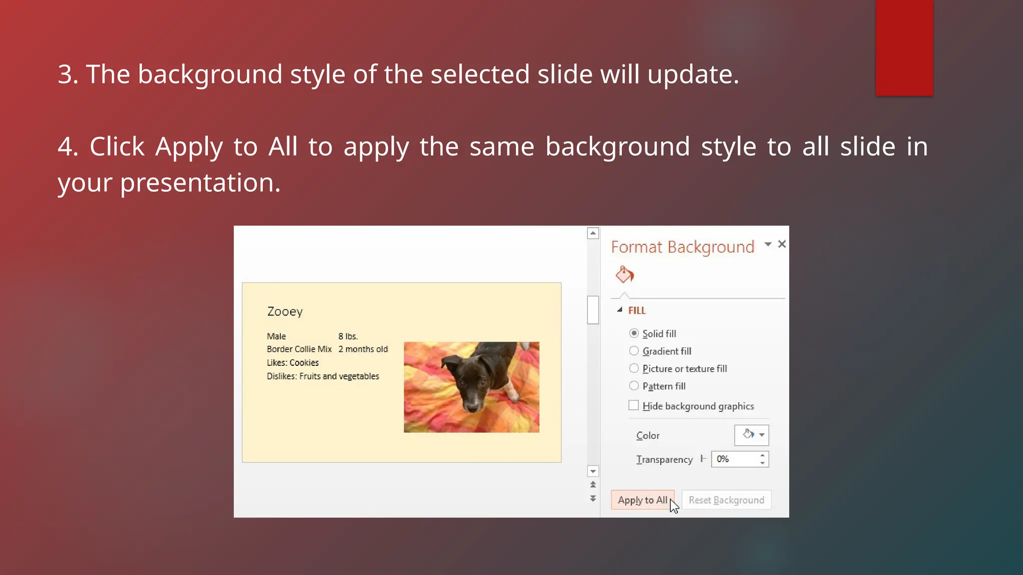 3. The background style of the selected slide will update.
4. Click Apply to All to apply the same background style to all slide in
your presentation.
 