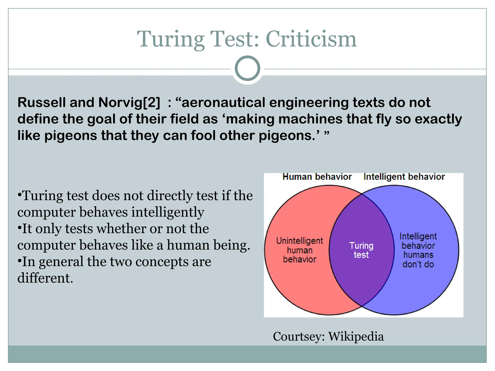 Turing Test: Criticism
•Turing test does not directly test if the
computer behaves intelligently
•It only tests whether or not the
computer behaves like a human being.
•In general the two concepts are
different.
Russell and Norvig[2] : “aeronautical engineering texts do not
define the goal of their field as ‘making machines that fly so exactly
like pigeons that they can fool other pigeons.’ ”
Courtsey: Wikipedia
 