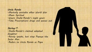 Uncle Rondo
-Mentally unstable after World War
-Mean Spirited
-Wears Stella-Rondo’s night gown
-Take Prescriptions drugs and passes out
Shirley-T.
-Stella-Rondo’s claimed adopted
daughter
-Rarely speaks, but sings Popeye the
Sailor Man
-Refers to Uncle Rondo as Papa
 
