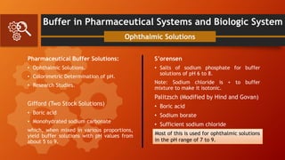 Buffer in Pharmaceutical Systems and Biologic System
Pharmaceutical Buffer Solutions:
• Ophthalmic Solutions.
• Colorimetric Determination of pH.
• Research Studies.
Gifford (Two Stock Solutions)
• Boric acid
• Monohydrated sodium carbonate
which, when mixed in various proportions,
yield buffer solutions with pH values from
about 5 to 9.
Ophthalmic Solutions
S’orensen
• Salts of sodium phosphate for buffer
solutions of pH 6 to 8.
Note: Sodium chloride is + to buffer
mixture to make it isotonic.
Palitzsch (Modified by Hind and Govan)
• Boric acid
• Sodium borate
• Sufficient sodium chloride
Most of this is used for ophthalmic solutions
in the pH range of 7 to 9.
 