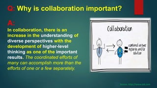 Q: Why is collaboration important?
A:
In collaboration, there is an
increase in the understanding of
diverse perspectives with the
development of higher-level
thinking as one of the important
results. The coordinated efforts of
many can accomplish more than the
efforts of one or a few separately.
Source: http://www.ask.com
 