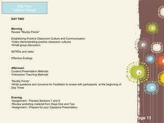 Step Four:
 Syllabus Design

DAY TWO


Morning
Review "Muddy Points"

Establishing Positive Classroom Culture and Communication
•Video demonstrating positive classroom cultures
•Small group discussion

INTROs and video

Effective Endings


Afternoon
Content Presentation Methods
•Interactive Teaching Methods

"Muddy Points“
•Write questions and concerns for Facilitator to review with participants at the beginning of
Day Three


Evening
•Assignment - Preview Sections 7 and 8
•Review workshop material from Days One and Two.
•Assignment - Prepare for your Capstone Presentation.



                                                                                                Page 13
 