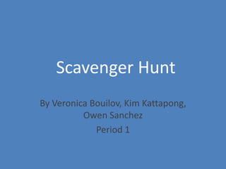 Scavenger Hunt
By Veronica Bouilov, Kim Kattapong,
          Owen Sanchez
             Period 1
 
