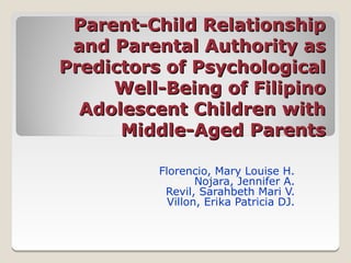 Parent-Child Relationship
 and Parental Authority as
Predictors of Psychological
     Well-Being of Filipino
  Adolescent Children with
      Middle-Aged Parents

          Florencio, Mary Louise H.
                  Nojara, Jennifer A.
           Revil, Sarahbeth Mari V.
            Villon, Erika Patricia DJ.
 