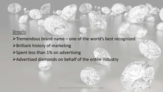 Strengths
Tremendous brand name – one of the world’s best recognized
Brilliant history of marketing
Spent less than 1% on advertising
Advertised diamonds on behalf of the entire industry
Symbiosis Institute of Business Management, Bengaluru 18
 