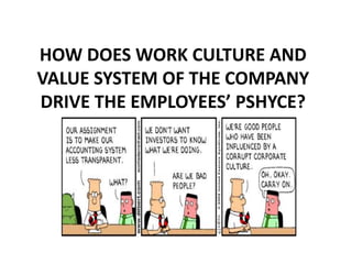 HOW DOES WORK CULTURE AND
VALUE SYSTEM OF THE COMPANY
DRIVE THE EMPLOYEES’ PSHYCE?
 