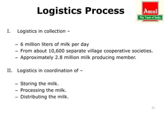 Logistics Process
I. Logistics in collection –
– 6 million liters of milk per day
– From about 10,600 separate village cooperative societies.
– Approximately 2.8 million milk producing member.
II. Logistics in coordination of –
– Storing the milk.
– Processing the milk.
– Distributing the milk.
21
 