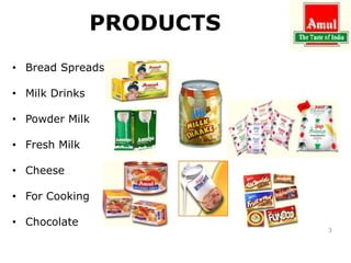 PRODUCTS
• Bread Spreads
• Milk Drinks
• Powder Milk
• Fresh Milk
• Cheese
• For Cooking
• Chocolate
3
 