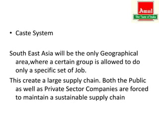 • Caste System
South East Asia will be the only Geographical
area,where a certain group is allowed to do
only a specific set of Job.
This create a large supply chain. Both the Public
as well as Private Sector Companies are forced
to maintain a sustainable supply chain
 
