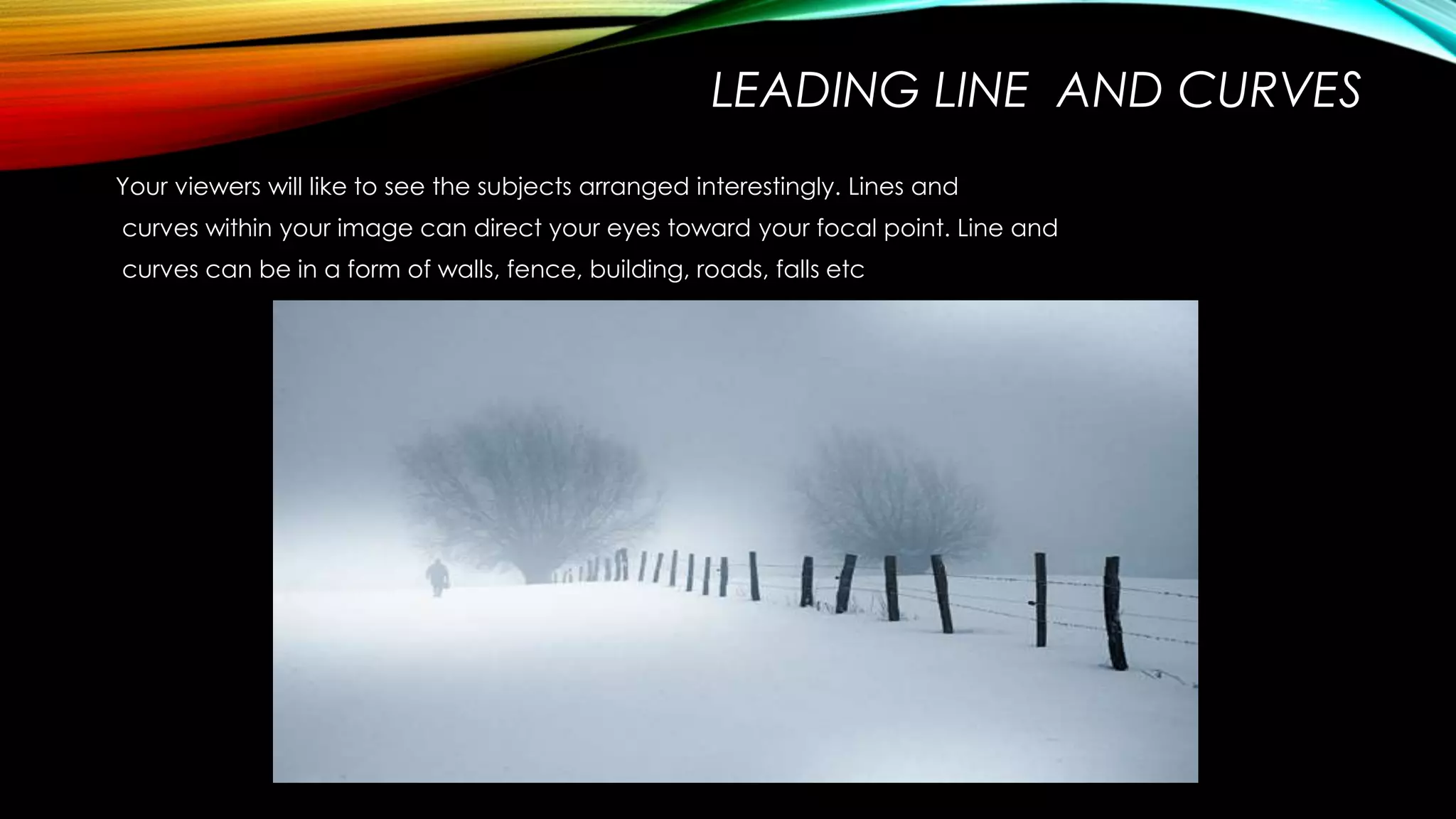 LEADING LINE AND CURVES 
Your viewers will like to see the subjects arranged interestingly. Lines and 
curves within your image can direct your eyes toward your focal point. Line and 
curves can be in a form of walls, fence, building, roads, falls etc 
 