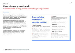 9 Step Digital Marketing Strategy ©
10
S T EP 3
Know who you are and own it.
Confirmation of Key Brand Marketing Components
Brand marketing is the overarching story that
represents a brand or business: who they are, what
they do, their vision or purpose and the messaging
they use to convey this to the market.
Digital marketing allows brands to spread their
message far and wide, and tell their brand story to
make an impression on their target customers. So
it is imperative that the digital strategy is executed
with continual and consistent brand messaging that is
strong, clear and in true alignment with the business’
operations in order for digital marketing
to be successful.
TIP: Before engaging some help with your digital
marketing strategy, it is vital that you have the
following brand marketing components finalised
and ready to share:
Product Or Service Vision
What is the purpose and vision for the product or service?
Strapline
Also often referred to as a slogan, which appears directly
beside or below a brand logo and sums up the essence of
the brand’s messaging. The best straplines are the ones
you can remember.
Unique Value Proposition (otherwise known as
USP or UVP) This is a clear statement that describes
the benefit of your offer, how you solve your
customer’s needs and what distinguishes you
from the competition.
Brand marketing
before digital
marketing checklist
Core Values
What are the company’s core principles? The Coca
Cola company values which you can see here are
just one example. These are:
Leadership: The courage to shape a better future.
Collaboration: Leverage collective genius.
Integrity: Be real.
Accountability: If it is to be, it’s up to me.
Passion: Committed in heart and mind.
Diversity: As inclusive as our brands.
Quality: What we do, we do well.
Brand Guidelines
Without these, the team creating the content assets
for the business won’t have any framework to follow.
Consistency is really important across creative content
and brand guidelines will ensure this.
 