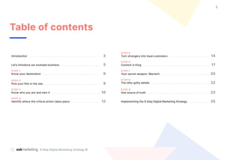 9 Step Digital Marketing Strategy ©
2
Table of contents
Introduction 3
Let’s introduce our example business 5
STEP 1
Know your destination 6
STEP 2
Pick your fish in the sea 8
STEP 3
Know who you are and own it		 10
STEP 4
Identify where the critical action takes place 12
STEP 5
Turn strangers into loyal customers 14
STEP 6
Content is King 17
STEP 7
Your secret weapon. Martech 20
STEP 8
The nitty-gritty details 22
STEP 9
One source of truth 23
Implementing the 9 Step Digital Marketing Strategy 25
 
