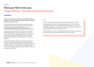 9 Step Digital Marketing Strategy ©
8
S T EP 2
Pick your fish in the sea.
Target Market - Priority Customer Personas
We have all heard the saying “there’s plenty of fish in
the sea”, but why go chasing salmon when your brand
needs to catch a shark?
The same applies to your business and determining
what kind of customer you want to “land”. Customer
personas help you do this by allowing you to
understand and then target, convert and retain them.
Customer personas form the backbone of all digital
marketing activity. They will be referred to in pretty
much every digital marketing scenario to continuously
ensure that a proposed idea (like a specific digital
marketing campaign), will be aligned to the relevant
persona.
The most accurate customer personas are based on
primary market research gathered from your actual
customer base via questionnaires, interviews, feedback
surveys and so on. They can also be supported by
third-party insights found online and studies conducted
by other organisations.
TIP:
Target market research that supports customer personas needs
to be done prior to digital strategy development. Then, the role of
the digital strategy is to consolidate this information into succinct
customer personas, so that we can identify the precise channels and
tactics required to communicate with them.
In other words, if you don’t understand your ideal customer segments,
it’s hard to develop a strategy to reach and convert them.
 