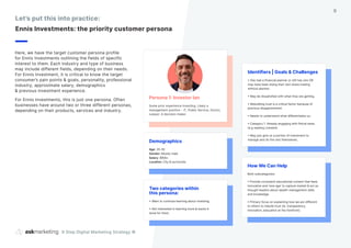Here, we have the target customer persona profile
for Ennis Investments outlining the fields of specific
interest to them. Each industry and type of business
may include different fields, depending on their needs.
For Ennis Investment, it is critical to know the target
consumer’s pain points & goals, personality, professional
industry, approximate salary, demographics
& previous investment experience.
For Ennis Investments, this is just one persona. Often
businesses have around two or three different personas,
depending on their products, services and industry.
Let’s put this into practice:
Ennis Investments: the priority customer persona
9 Step Digital Marketing Strategy ©
9
Identifiers | Goals & Challenges
• Has had a financial planner or still has one OR
may have been doing their own share trading
without planner.
• May be dissatisfied with what they are getting.
• Rebuilding trust is a critical factor because of
previous disappointment.
• Needs to understand what differentiates us.
• Category 1: Already engaging with finical news
(e.g reading Livewire)
• May just give us a portion of investment to
manage and do the rest themselves.
How We Can Help
Both subcategories:
• Provide consistent educational content that feels
innovative and ‘new age’ to capture market & act as
thought leaders about wealth management skills
and knowledge.
• Primary focus on explaining how we are different
to others to rebuild trust (ie. transparency,
innovation, education at the forefront).
Demographics
Age: 35-55
Gender: Mostly male
Salary: $90k+
Location: City & surrounds
Persona 1: Investor Ian
Some prior experience investing. Likely a
management position - IT, Public Service, Doctor,
Lawyer. A decision maker.
Two categories within
this persona:
• Want to continue learning about investing.
• Not interested in learning more & wants it
done for them.
 
