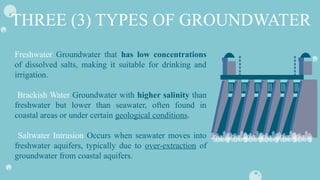 THREE (3) TYPES OF GROUNDWATER
Freshwater Groundwater that has low concentrations
of dissolved salts, making it suitable for drinking and
irrigation.
Brackish Water Groundwater with higher salinity than
freshwater but lower than seawater, often found in
coastal areas or under certain geological conditions.
Saltwater Intrusion Occurs when seawater moves into
freshwater aquifers, typically due to over-extraction of
groundwater from coastal aquifers.
 