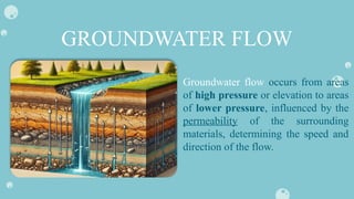 GROUNDWATER FLOW
Groundwater flow occurs from areas
of high pressure or elevation to areas
of lower pressure, influenced by the
permeability of the surrounding
materials, determining the speed and
direction of the flow.
 