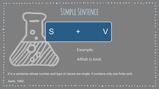 14
SimpleSentence
S + V
It is a sentence whose number and type of clause are single. It contains only one finite verb.
Aarts, 1982:
Example:
Afifah is kind.
 