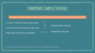 CompoundComplexSentence
17
I haven’t had the time to go lately.
I haven’t found anyone to go with.
Although I like to go camping....
independent clauses
dependent clauses
Although I like to go camping, I haven’t had the time to go lately, and haven’t found anyone to go with.
It contains two independent clauses and one or more dependent clauses.
 