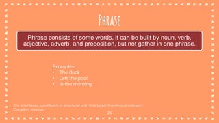 20
Phrase
It is a sentence constituent or structural unit that larger than lexical category.
Dorgeloh, Heidrun
Phrase consists of some words, it can be built by noun, verb,
adjective, adverb, and preposition, but not gather in one phrase.
Examples:
• The duck
• Left the pool
• In the morning
 
