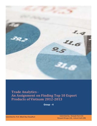 Trade Analytics -
An Assignment on Finding Top 10 Export
Products of Vietnam 2012-2013
Group - 4
Submittedto: Prof. Bibek Roy Chaudhuri
Submitted by : Deepak Pant [15]
Deepak Dhingra [16] , Ankush Seth [09]
 